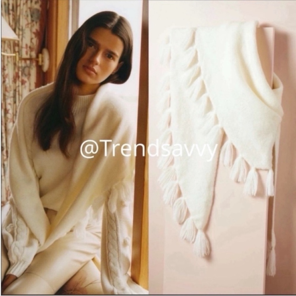 Anthropologie Ivory Tassel Fringe Triangle Scarf Shawl Wrap Cream NWT OS